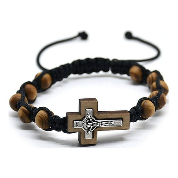 OOKWE Adjustable Elastic Rope Chain Rosary Bracelet with for Cross Made of Pine Beads and Alloy Wristband Jewelry Gift Bring L