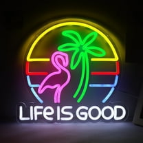 JFLLamp Flamingo Palm Tree Neon Light, Life Is Good Cocktail Neon Signs,Wall Decor for Bedroom, Tiki Bar, Party Atmosphere(13x14 inch)