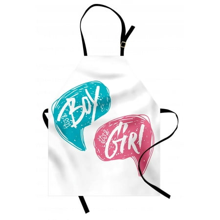 Gender Reveal Apron Hand Drawn Style Sketch Boy and Girl Letters Toddler Baby Shower Art, Unisex Kitchen Bib Apron with Adjustable Neck for Cooking Baking Gardening, Teal Pink White, by