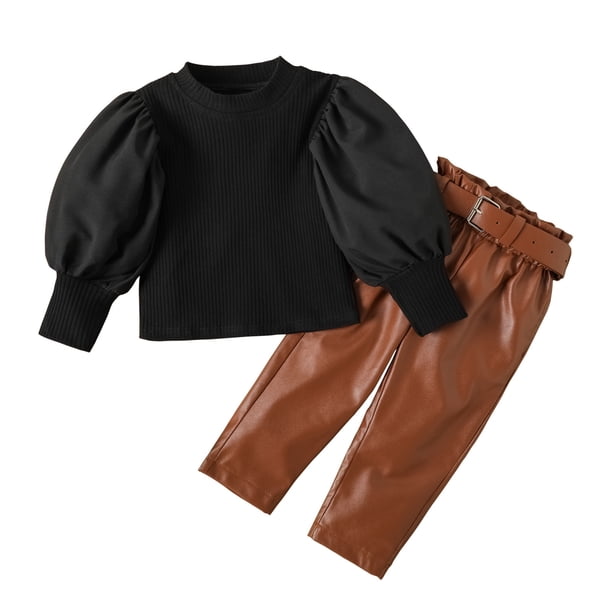 Gibobby Conjunto de ropa de 2 uds para bebés y niñas Camiseta de manga abullonada para niños pequeños y niñas, pantalones largos de cuero PU con cinturón(Negro, 4-5 Años)