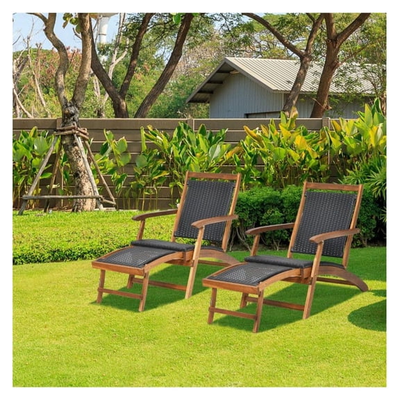 Rattan Folding Lounge Chair - Acacia Wood Frame, Retractable Footrest, Outdoor Patio Furniture