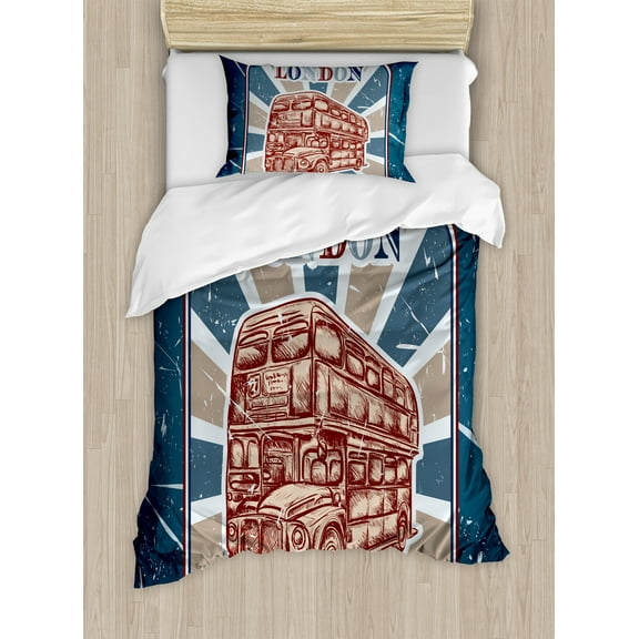 Vintage Duvet Cover Set, Emblem with English Bus on Grunge Background Retro Hand Drawn Sketchy Art, Decorative 2 Piece Bedding Set with 1 Pillow Shams, Twin Size, Blue Red Beige, by Ambesonne