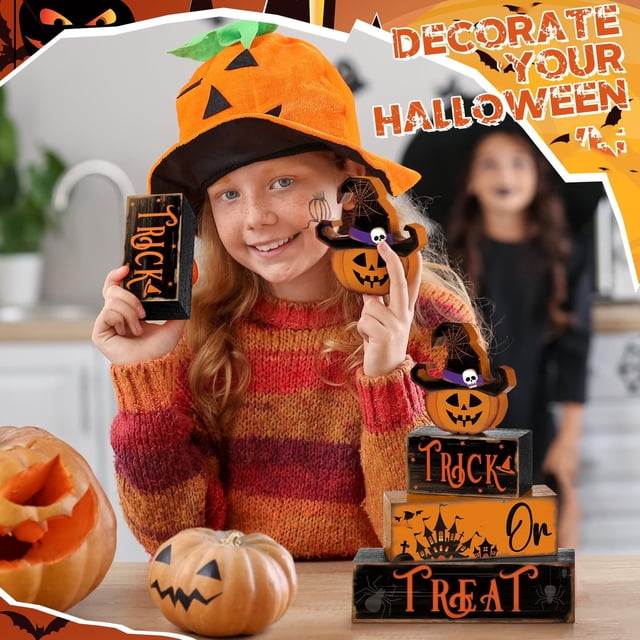 HANDIED Halloween Table 4 Pcs Halloween Table Decor Witch Wooden Sign Halloween Tray Decor Farmhouse Witch Tabletop Centerpiece Rustic Brew Wooden Block Signs For Home Kitchen Shel