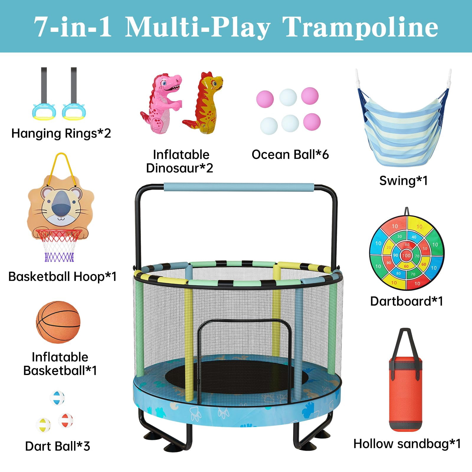Baxluxe 55" Kids Trampoline with Safety Net, 7-in-1 Adjustable Height Design, 500lbs Weight Capacity for Indoor & Outdoor Use, Fun Mini Trampoline for Children Ages 3-8 Years Old, Blue