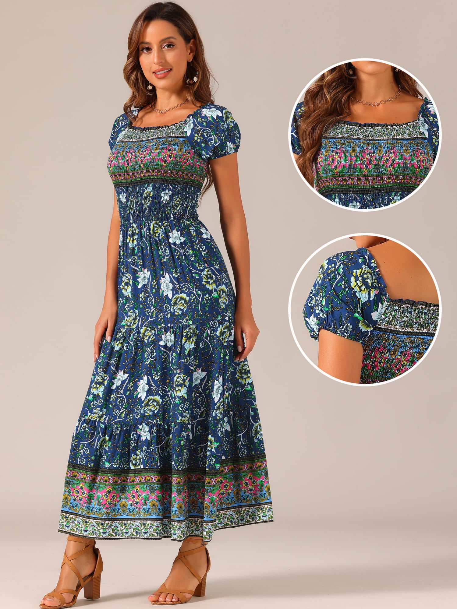 DARING DIVA Women's Boho Floral Square Neck Smocked Back Midi Dresses XS Dark Blue
