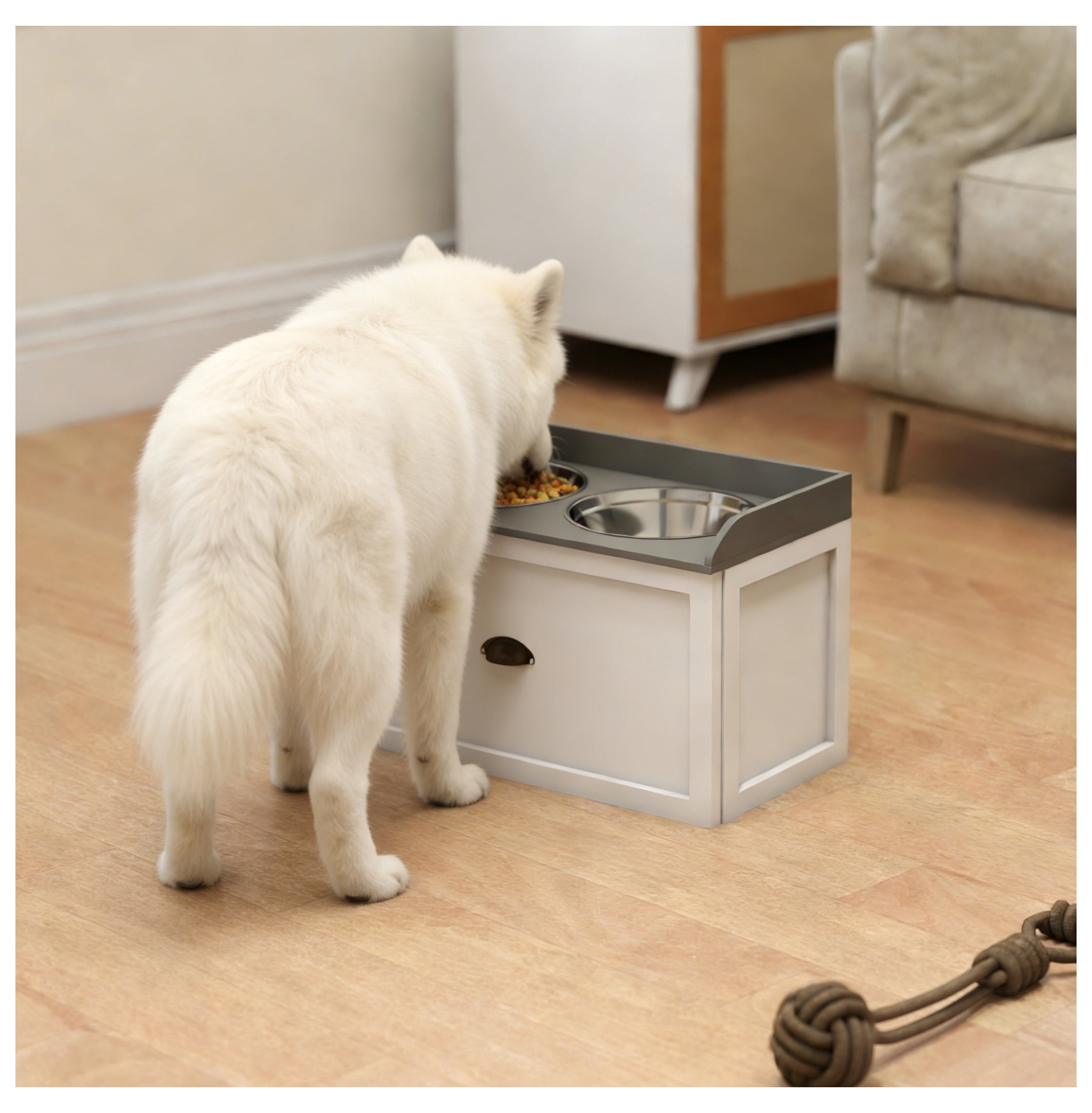 Elevated Dog Bowls with Storage, Pet Feeding Station for Large Dogs, 2 Stainless Steel Bowls, White Dog Diner