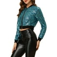 thumbnail image 4 of INSPIRE CHIC Women's  Metallic Long Sleeve Stand Collar Zipper Cropped Bomber Jacket S Blue, 4 of 6