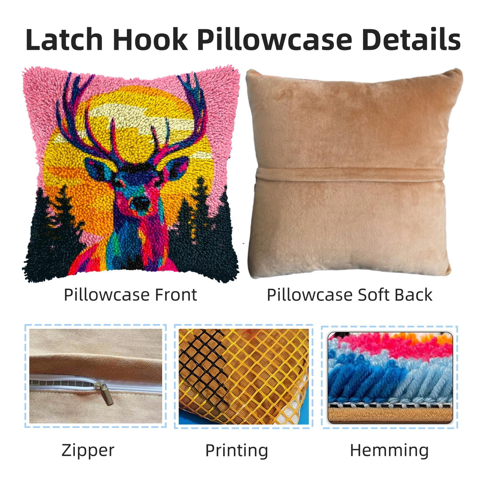 Animal Elk and Sunset Trees DIY Latch Hook Pillow Kits for Adults Printed Pillowcase Crochet Yarns Hooking Handmade Pillow Cover Cushion for Home Sofa Decoration 17x17inch