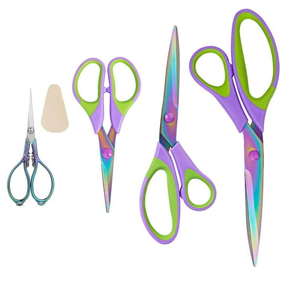 Scissors Set of 4 Titanium Coating Sewing Scissors Bundle, Professional Fabric Scissors Set, Ultra-Sharp Stainless Steel Non-Stick Blades, Ergonomic Soft Handle, Great for Tailor, Embroidery, Craft,