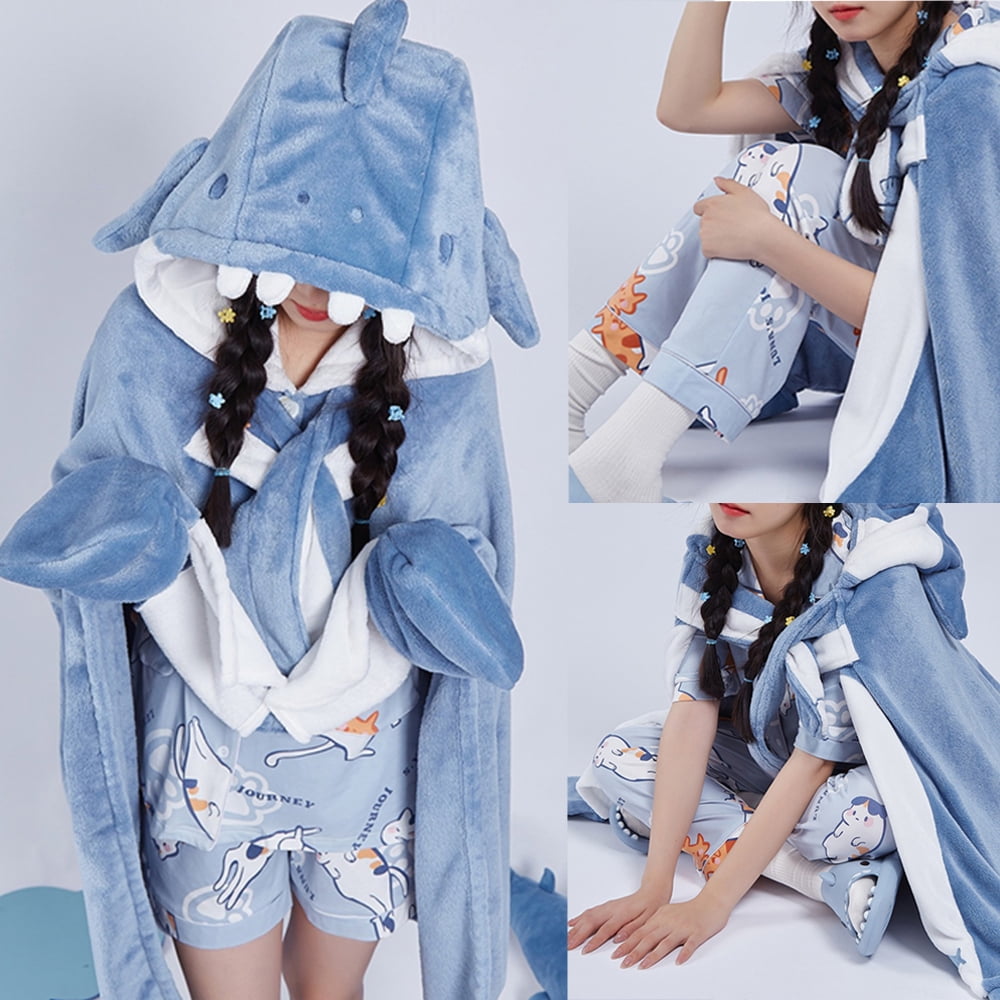 Cozy Shark Snuggle Blanket Hoodie Adult Cute Fleece Wearable Blanket Fuzzy Fluffy Thermal Lightweight Poncho Blanket