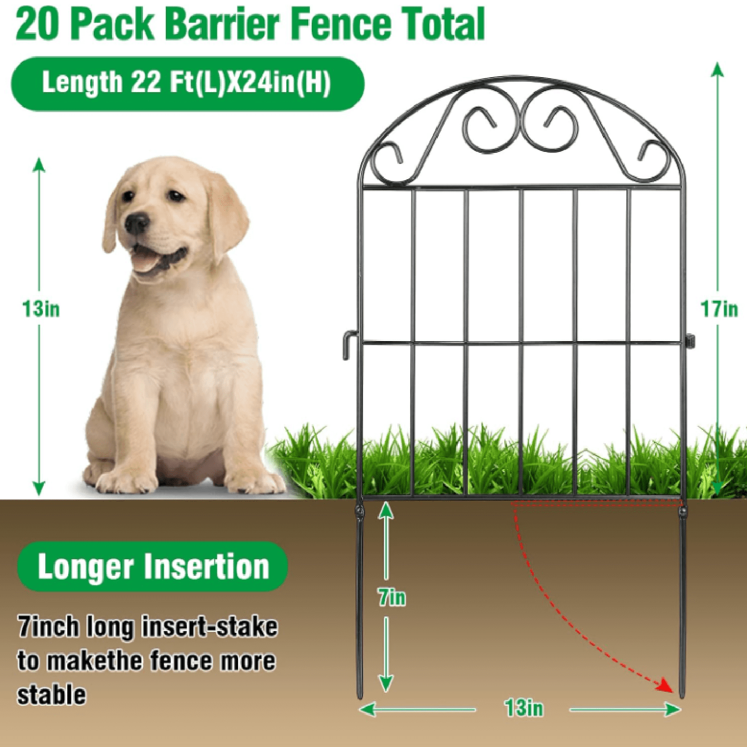 20 Panels Collapsible Garden Fence Animal Barrier, 22 Ft(L) x 24 in(H) Black Rustproof Metal Wire Panel Border for Dogs Rabbits, Flower Edging for Landscape Patio Yard Outdoor Decor, Arched