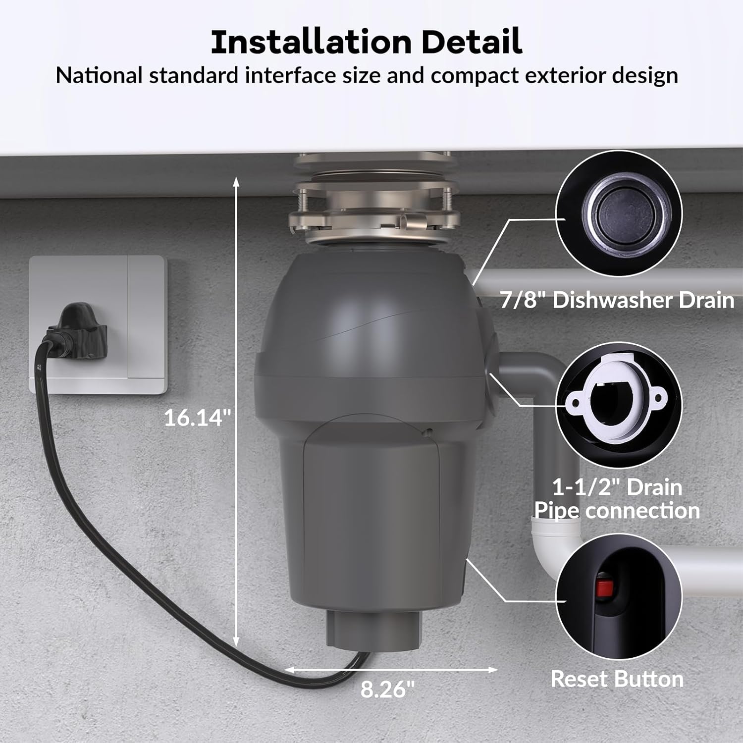GAOMON 3/4 HP Garbage Disposal with Air Switch, 4-Stage Grinding, 3500 RPM, Quiet Food Waste Disposer, Stainless Steel & ABS, for Kitchen, Gray