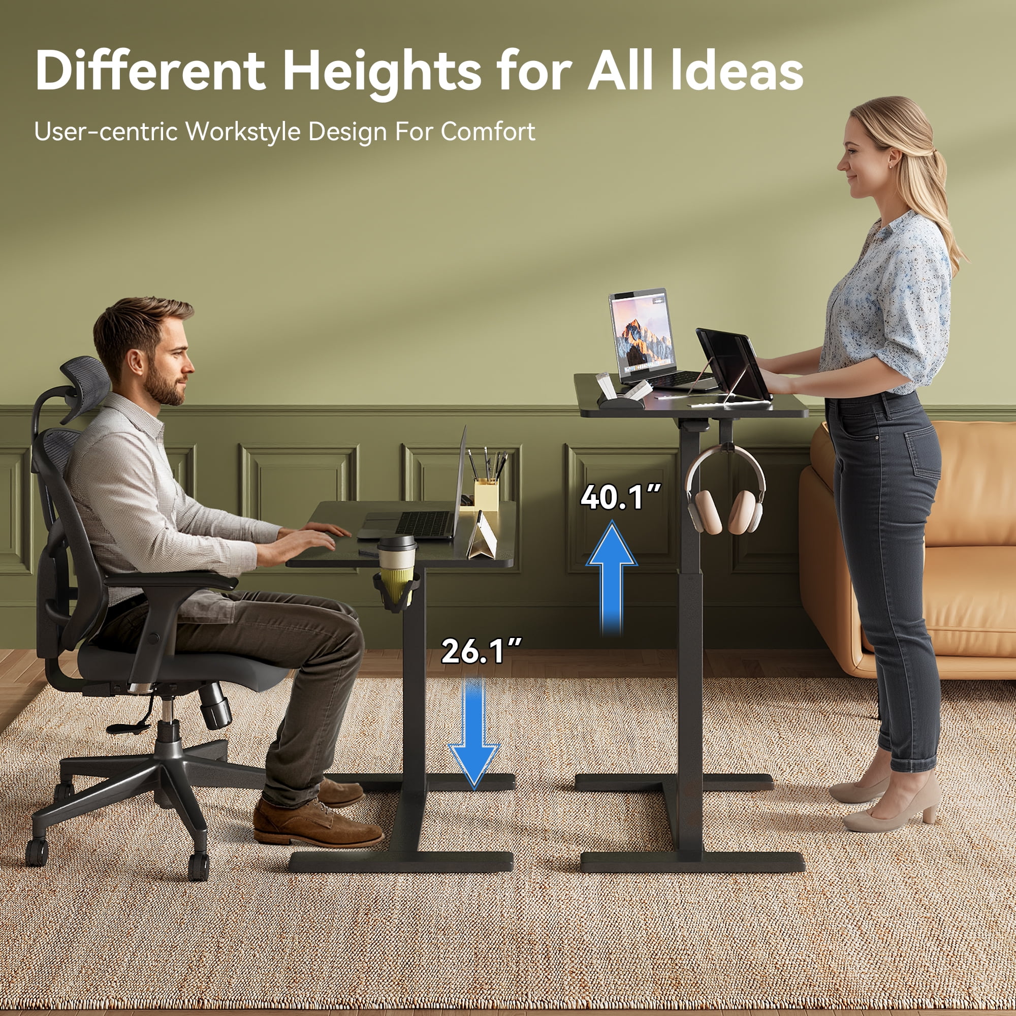 Gas Spring Height Adjustable Mobile Laptop Side Desk 26×19 Inch, Sit-Stand Rolling Table with Cup Holder & Headphone Hook for Bed Sofa Home Office