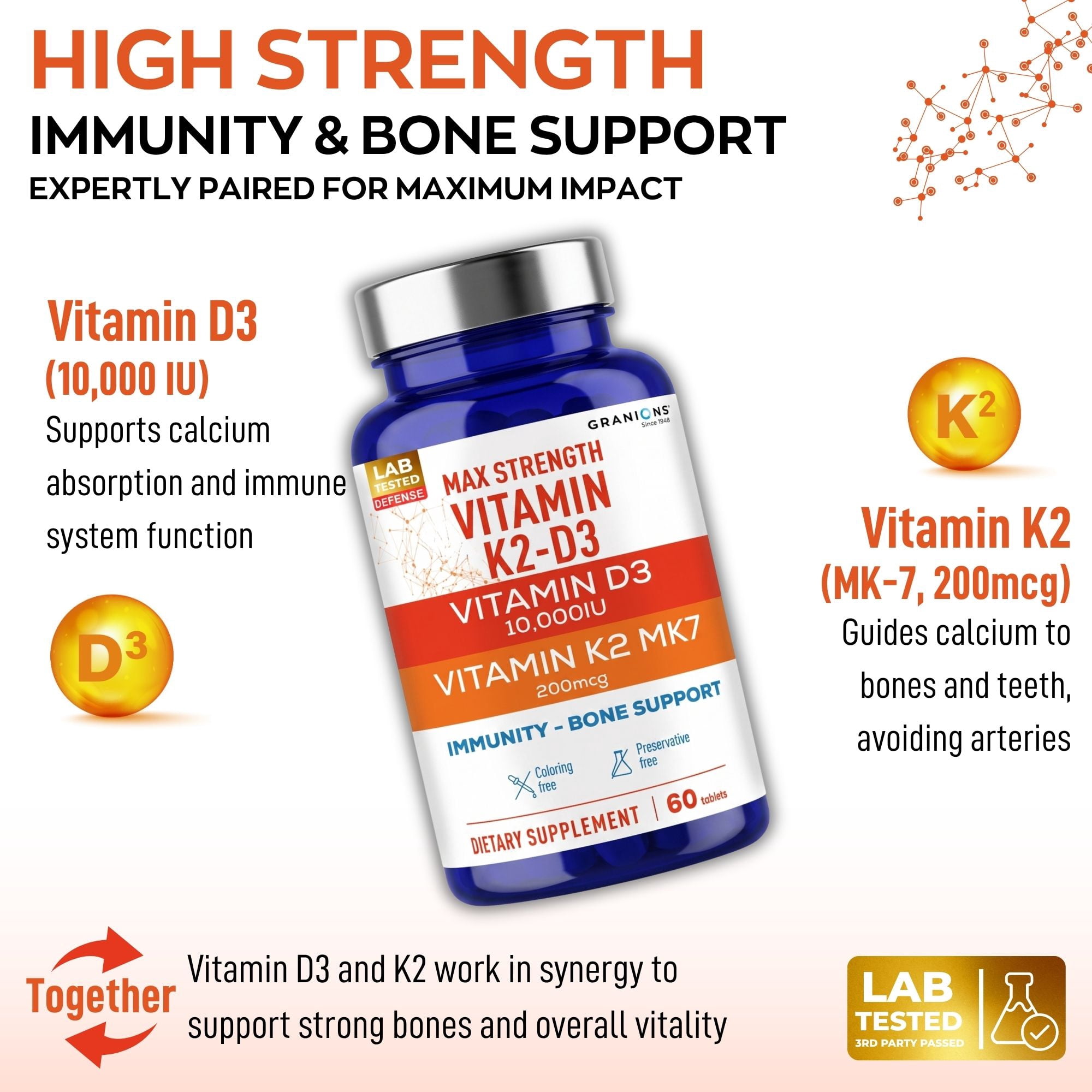 Max Strength D3 K2 Vitamin 10,000 IU MK7 Complex - Vitamin K2 D3 Supplement -Immune Support, Bone Health Supplements - 2 Month
