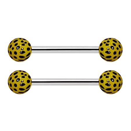 14G Surgical Steel or Titanuim Nipple Ring UV Acrylic Leopard Balls Nipple Barbell 9/16" 14mm - Sold as Pair