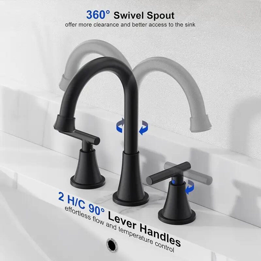 Black Bathroom Sink Faucet 3 Holes Widespread Vanity Mixer Faucet w Pop up Drain