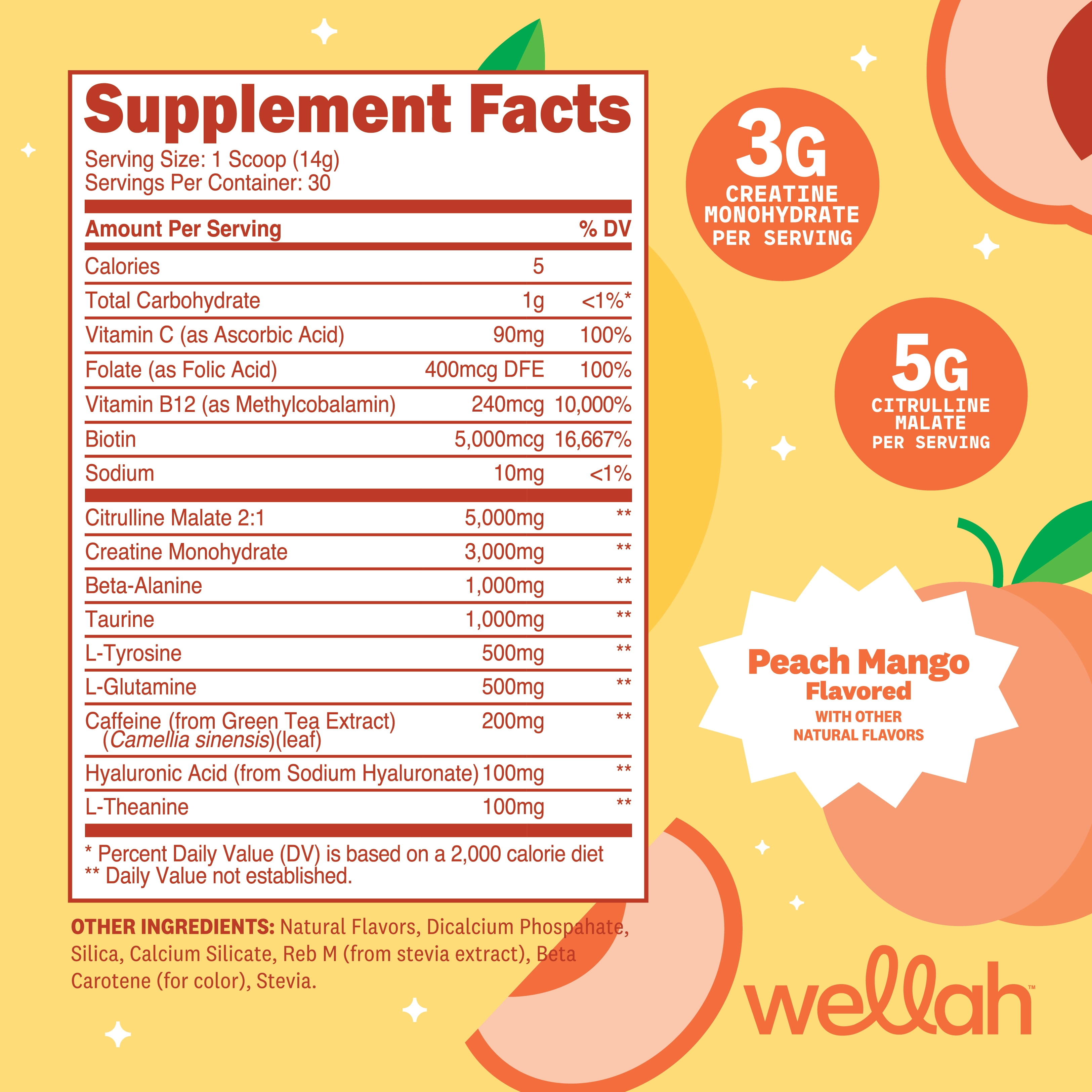 Wellah Pre-Workout + Creatine Powder (30 Servings) Peach Mango - 200mg Caffeine, 3g Creatine Monohydrate, 5g Citrulline Malate, Pre-Workout with Creatine Supplement