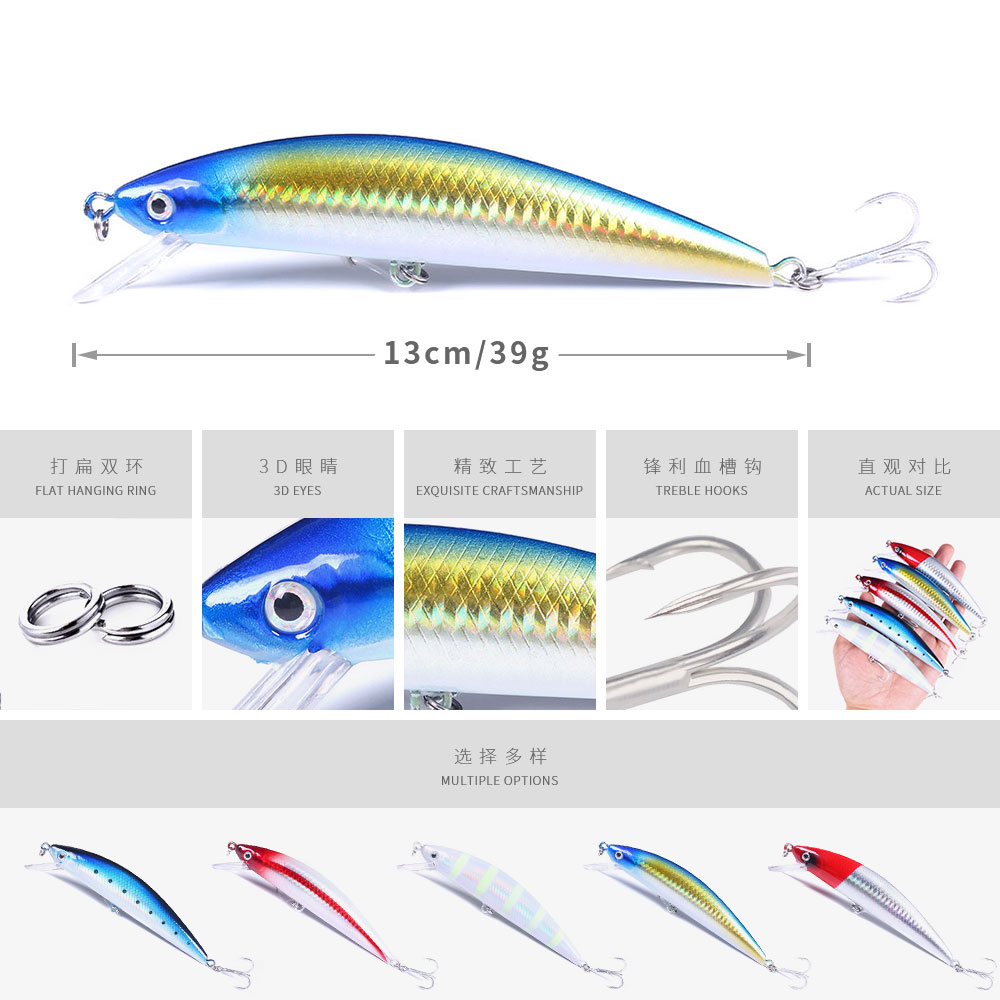 HENGJIA Fishing Lures Large Hard Bait Minnow VIB Lure with Treble Hook Life-Like Swimbait Fishing Bait Popper Crankbait Sinking Lure for Trout Bass Walleye Redfish, 5PCS
