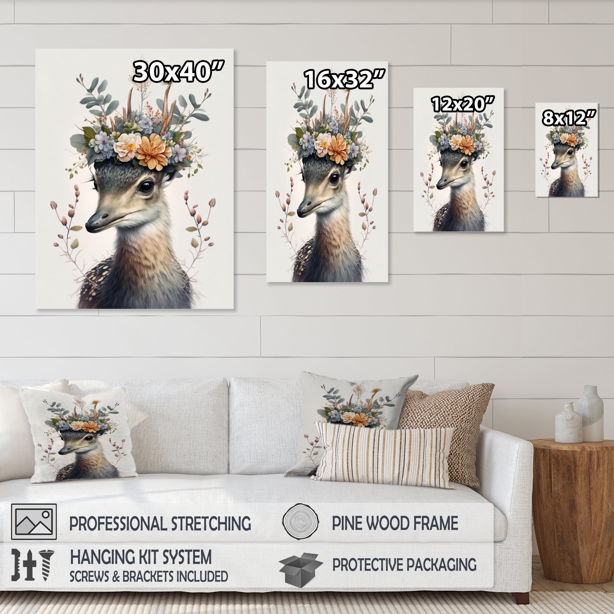 Designart Cute Baby Heron With Floral Crown Canvas Wall Art