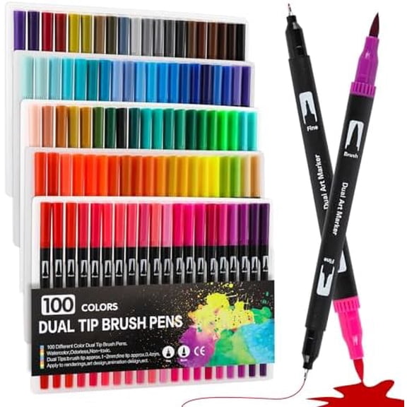 100 Colors Dual Art Markers for Adult Coloring Books No Bleeding, Artist Fine & Brush Tip coloring markers for adults, for Journaling Note Taking Lettering Calligraphy Craft Art Supplies Set