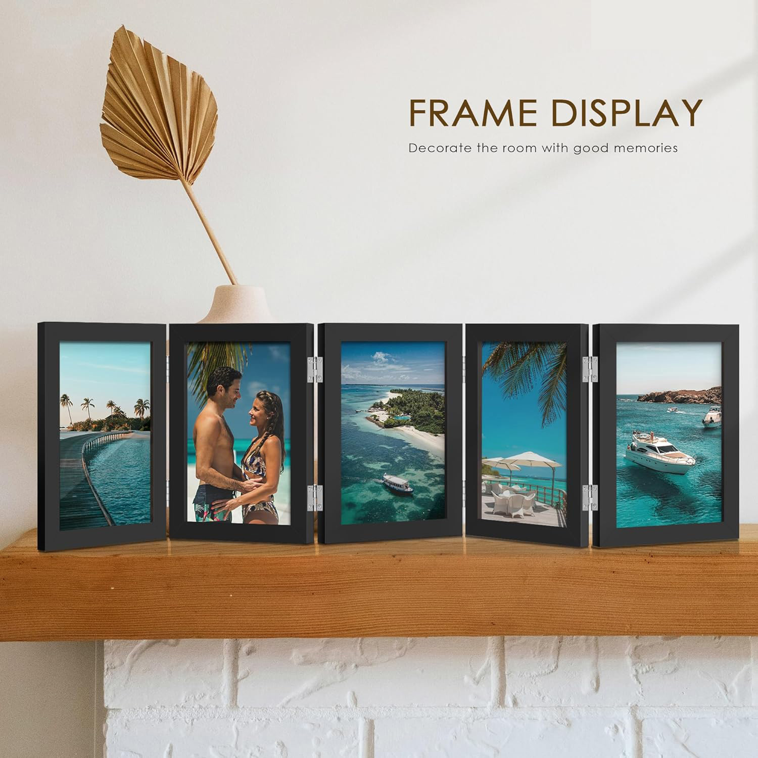Meilimei 4x6 Picture Frame Collage - 5 Folding Multi Photo Frame, Horizontal Accordion Style with Plexiglass, Tabletop Bookshelf Display for 4x6 Pictures (Black)