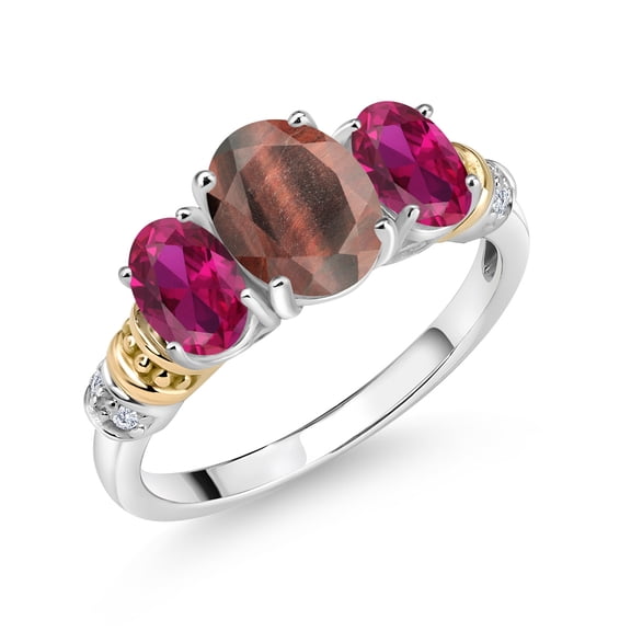 Gem Stone King 925 Sterling Silver and 10K Yellow Gold Oval Red Tiger Eye Red Created Ruby and White Diamond 3 Stone Ring for Women (2.28 Cttw, Gemstone Birthstone, Size 9)