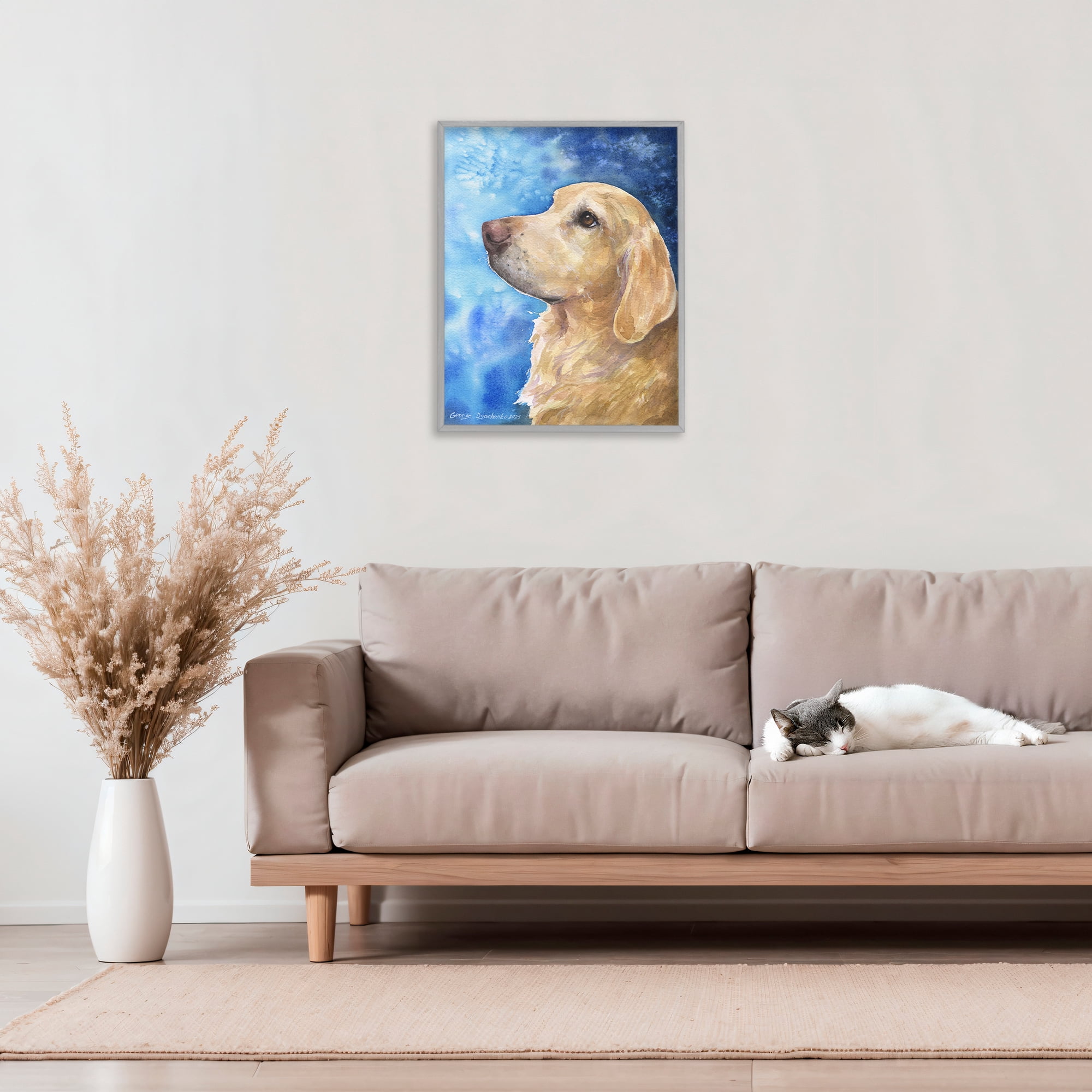 Stupell Industries Golden Retriever Portrait on Azure Gray Framed Giclee Art, design by George Dyachenko