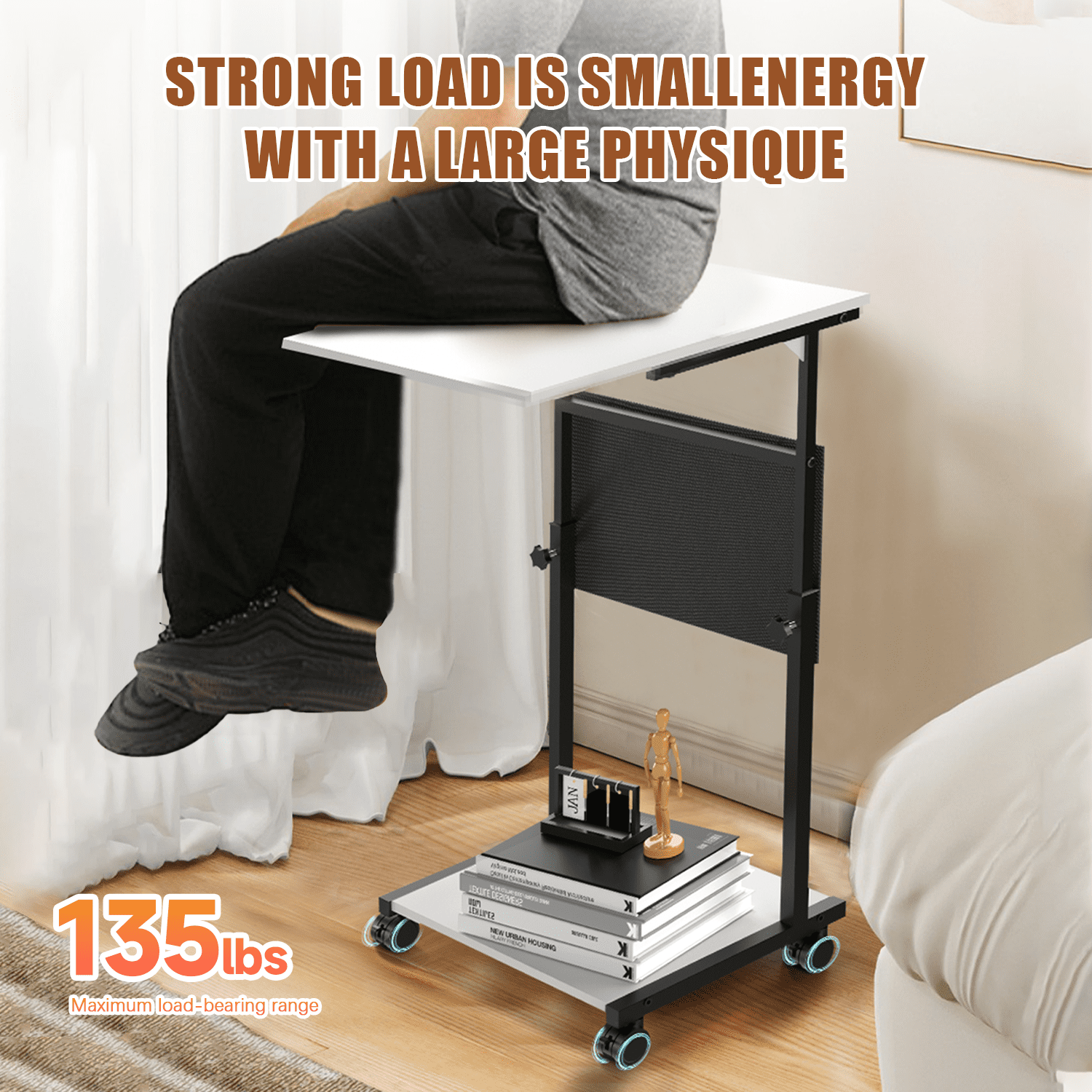 UPGO C-Shaped Adjustable End Table, 25"-30" Height, Small Couch Side Table with Storage for Living Room & Bedroom