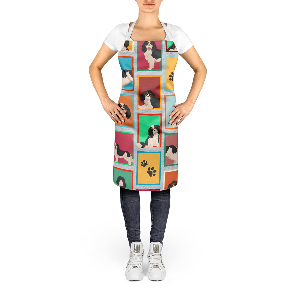 Lots of Tricolor Cavalier Spaniel Apron 27 in x 30 in