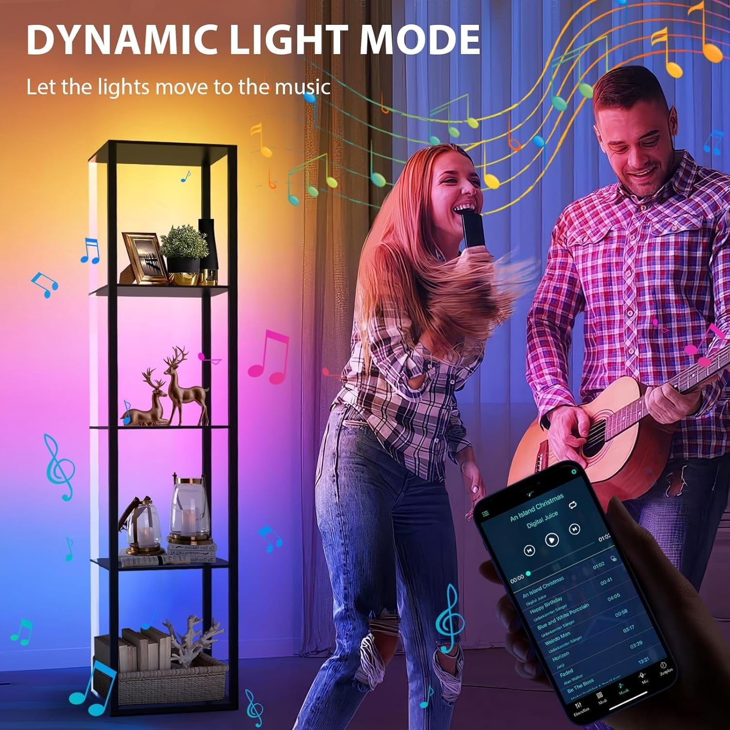 5 Tiers RGB Corner Shelf with LED Light, 63.78" Tall Display Shelf for Collectibles, LED Corner Floor Lamp with APP and Remote Control for Living Room Bedroom