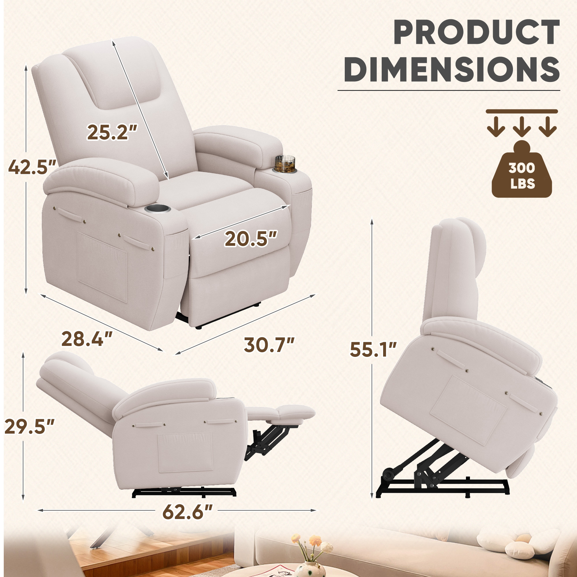 Homall Power Lift Recliner with Eight Vibrating Massages Ergonomic Single Sofa with Side Pocket for Elderly,Beige