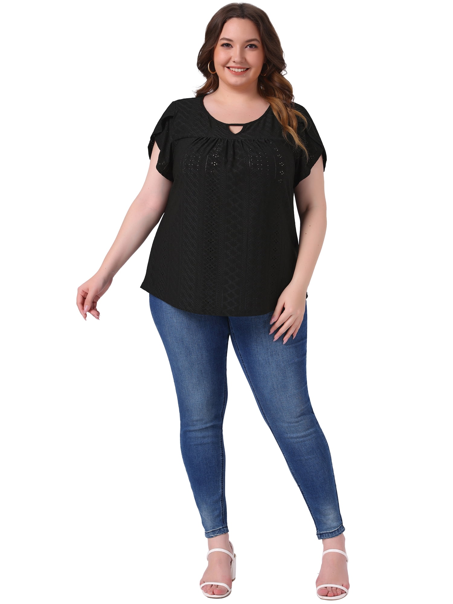 Women's Plus Petal Sleeve Keyhole Neck Loose Fit Casual Top for Women 3X Black