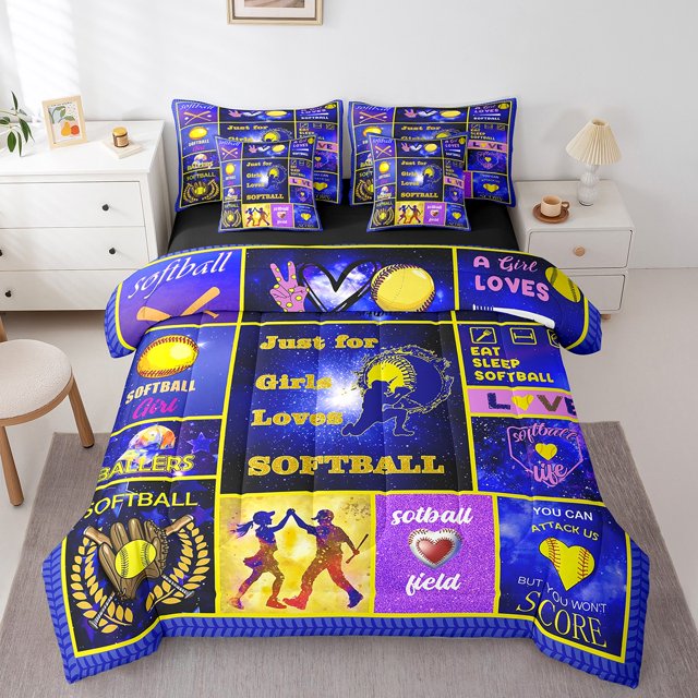 Erosebridal Ensembles de Literie Sport pour Enfants et Adolescents Taille Complète, Ensemble de Lit Imprimé Softball, Réversible 7 Pcs