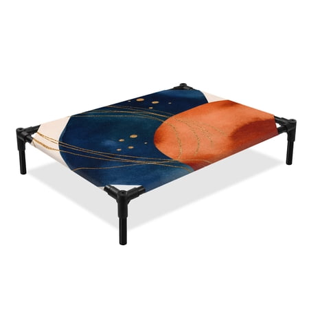 Abstract Graffiti Elevated Dog Bed Vintage Art Orange Blue Shape Gold Lines Cooling Breathable Outdoor Raised Dog Cot Bed with Metal Frame Non-Slip Feet for Medium Dog 24x20in
