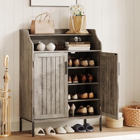 5-Tier 2-Door Shoe Cabinet with 3 Adjustable Shelves, 41" Tall Farmhouse Entryway Organizer，Gray