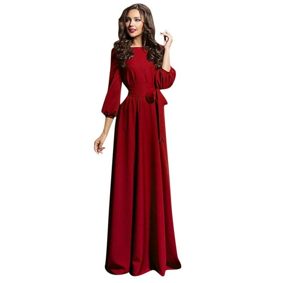 Hinvhai Plus Size Dress for Women Clearance Women Summer Party Dress Lantern Sleeve Solid Long Dresses with Belt Wine 18(XXXXXL)