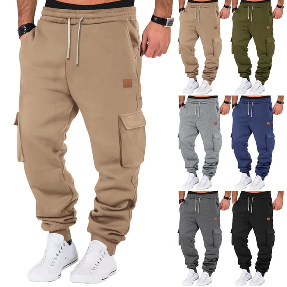 Mens Heavyweight Cargo Sweatpants Jogger Sweat Pants Elastic Waist Drawstring Joggers Trousers with Pockets, Black, Size L