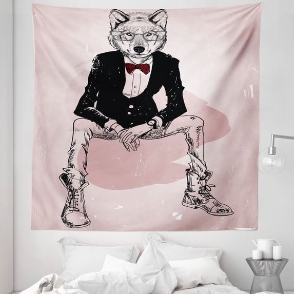 Indie Tapestry, Hipster Portrait of Sitting Wild Wolf Glasses Smart Casual Outfit, Fabric Wall Hanging Decor for Bedroom Living Room Dorm, 5 Sizes, Pale Pink Burgundy Black, by Ambesonne