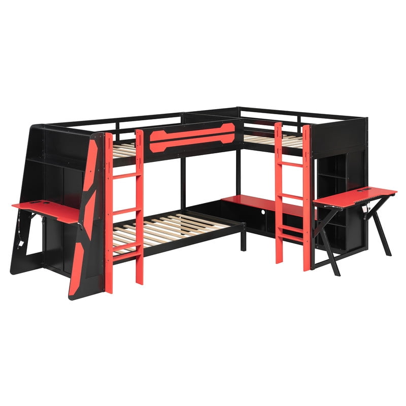L-Shaped Twin Size Gaming Bunk Bed with RGB LED Lights, 3 Twin Beds, USB Ports, TV Stand & Storage Shelves, Reversible Wooden Bunk Bed Frame for Teens & Adults