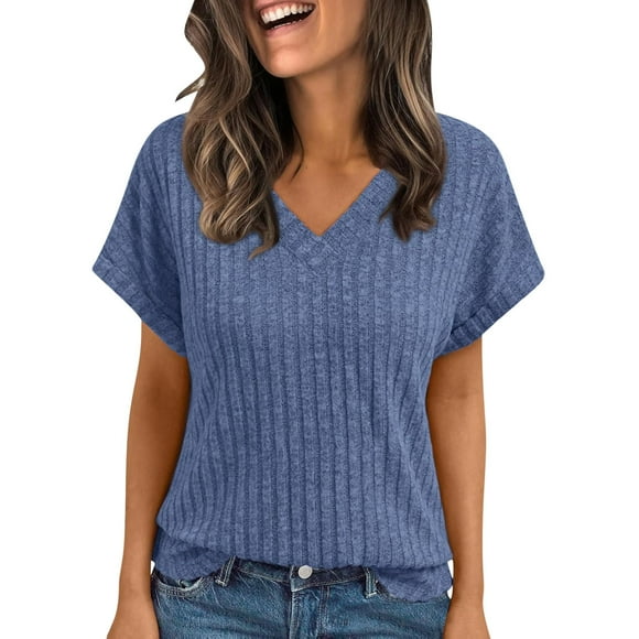 Women's V-Neck T-Shirt, Summer Casual Short Sleeve Blouse, Solid Color Polyester Top for Daily Wear