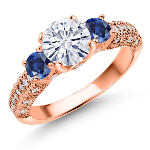 Gem Stone King 18K Rose Gold Plated Silver White Moissanite and Blue Created Sapphire Engagement Ring for Women (1.78 Cttw, Gemstone, Round 7MM and 4MM, Size 5)