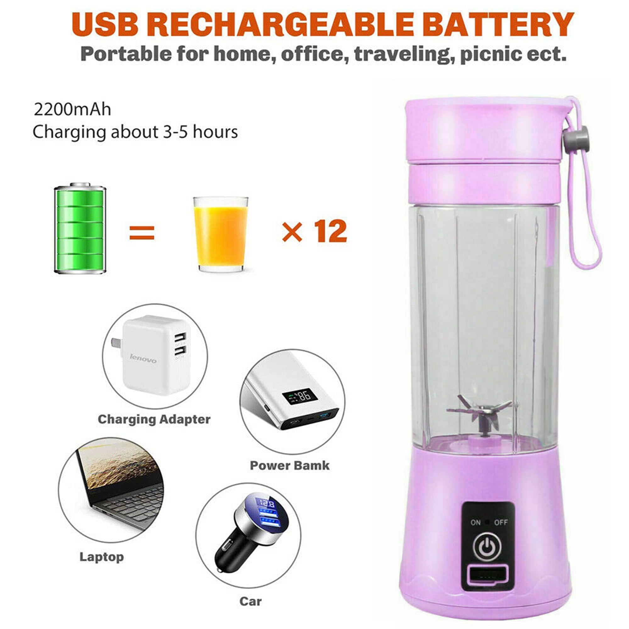 ALING Household Portable Mini Fruit Juice Extractor with USB Rechargeable  Batteries Electric Juice Cup Portable Quick Juicer 380ml Water Bottle Juicer  Machine with 6 Blades 
