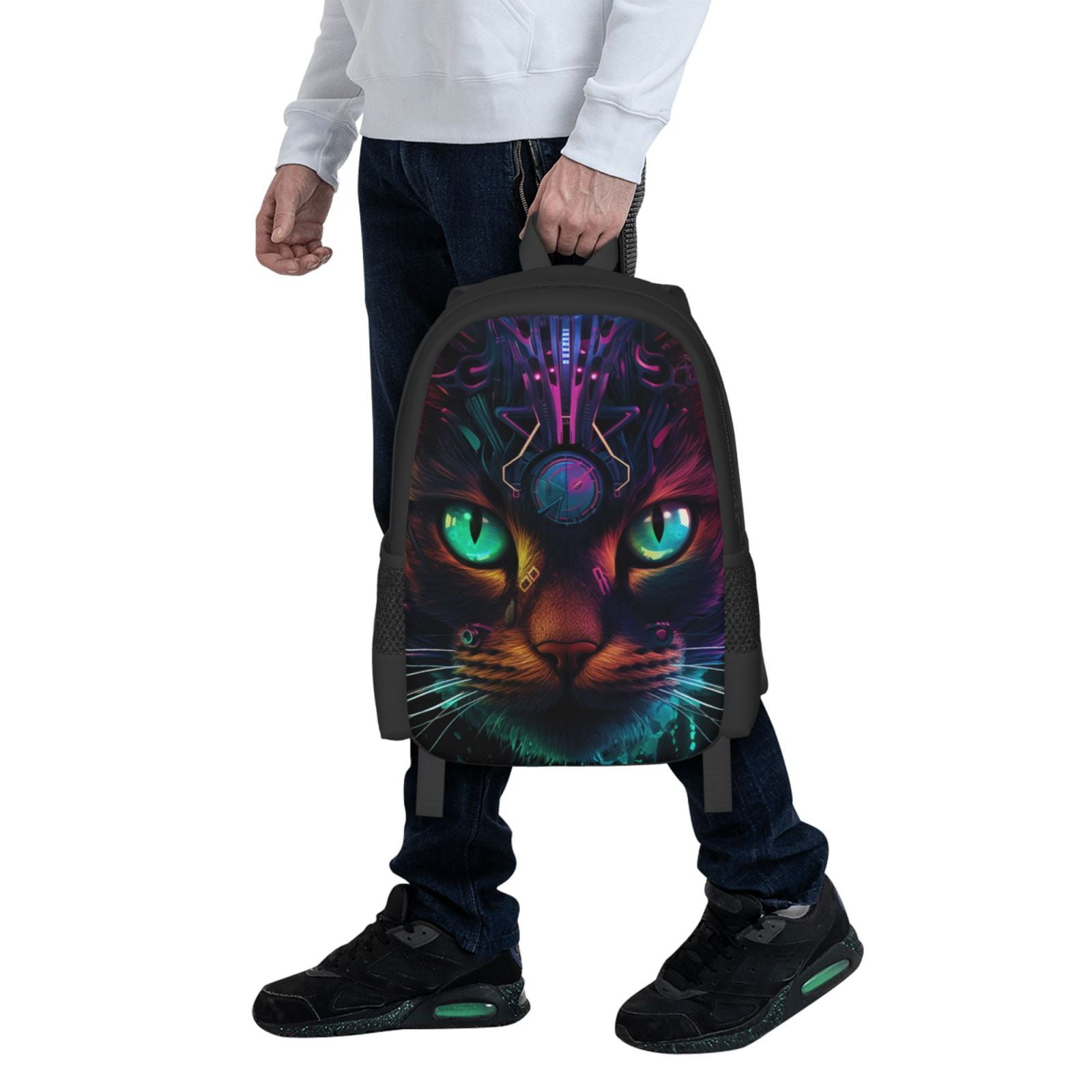 Ratiio Futuristic Cat Warrior Backpack for Men and Women - Durable 600D Oxford Cloth -Large Capacity, Water-Resistant School, Travel, and Hiking Bag