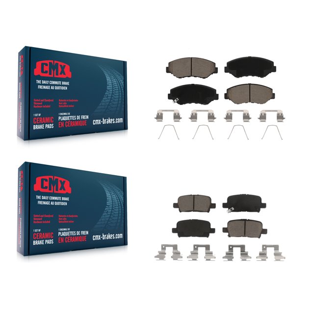 CMX Front Rear Ceramic Brake Pads Kit for 2003-2008 Honda Pilot, designed for automotive brake replacement. Features exclusive CeramiX™ high-density ceramic compound for optimal braking performance, low dust, and noise. Includes front and rear brake pad sets with hardware, enhanced with anti-rust black paint for durability.