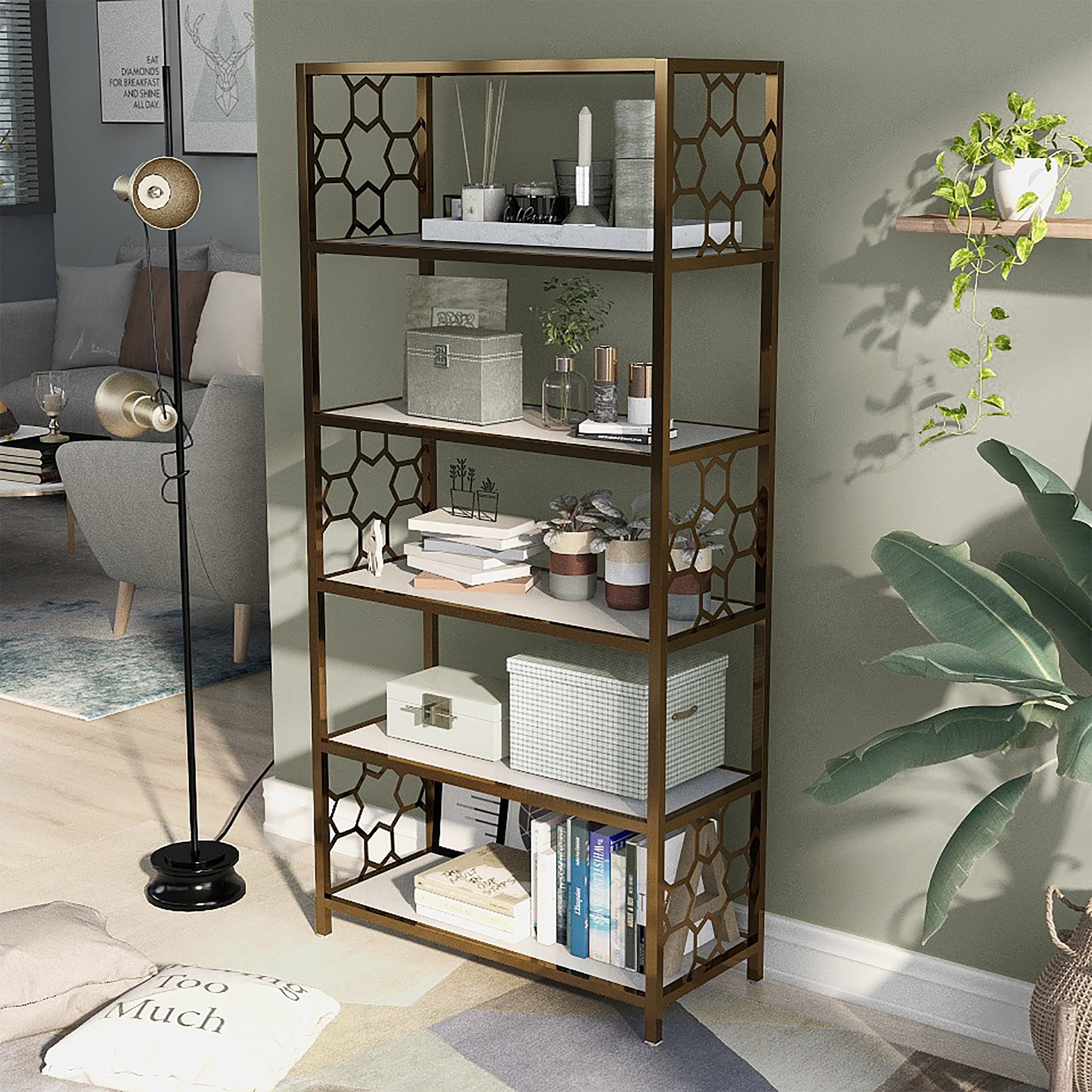 Furniture of America Baugh Metal 5-Shelf Bookcase, Gold