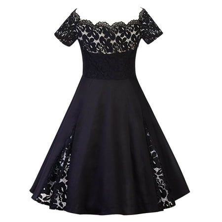 Plus Size Women Vintage Off Shoulder Lace Dress Short Sleeve Retro 50s 60s Rockabilly Evening Party Swing Prom (Best Rated Prom Dress Stores)
