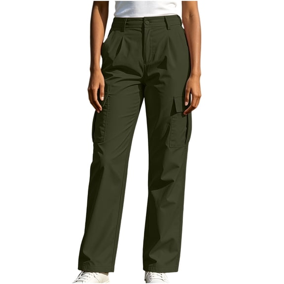 cocolona Womens Summer Casual Cargo Pants Button Zipper Waist Straight Wide Leg Outdoor Hiking Pants with Pockets