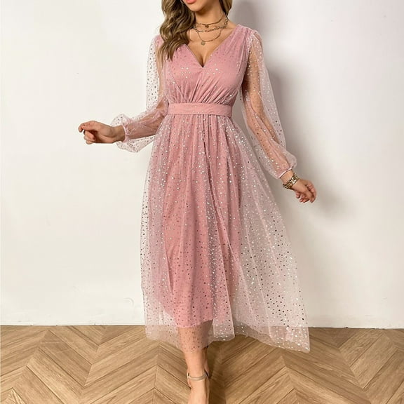 Sentmoon Swing Cocktail Long Sleeve V Neck Dresses for Women Vintage Fashion Mesh Solid Color Short Dresses,Fit & Flare Trendy A-line Dresses Pink XL