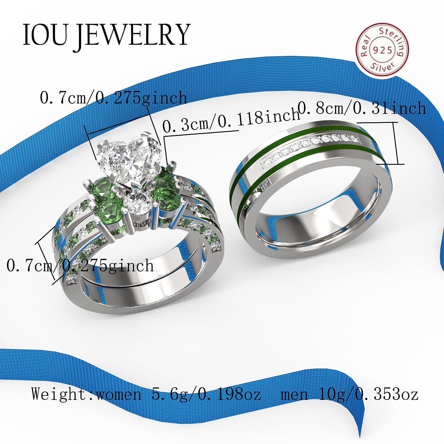 3pc Couples Wedding Ring Sets His And Hers Women Sterling Silver Blue Moissanite and men Wedding Bands Together With Ring Gift Jewelry Box