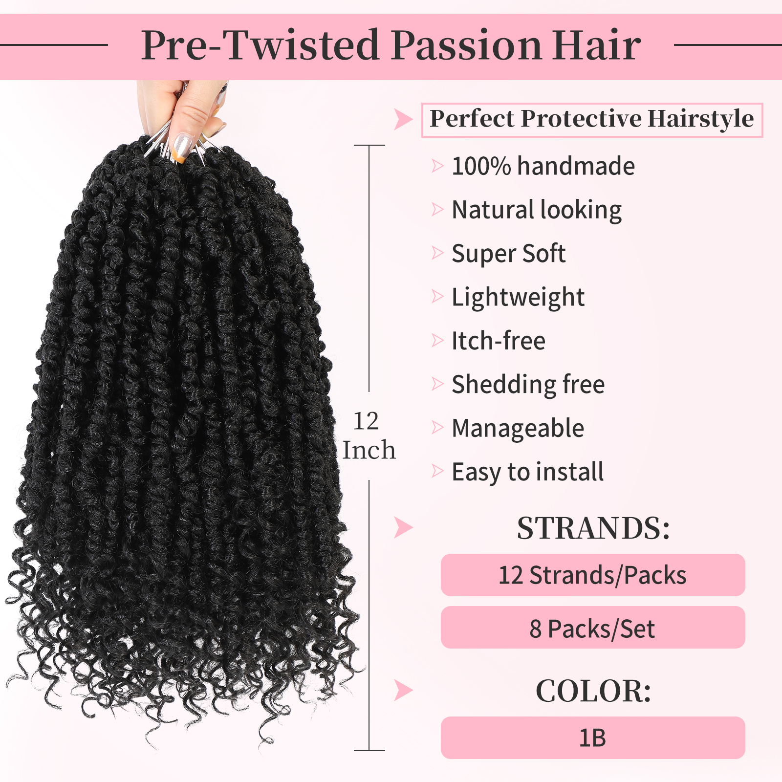 Passion Twist Crochet Hair Pre-Twisted 12 inch 8 Packs, Soft Pre Looped ...